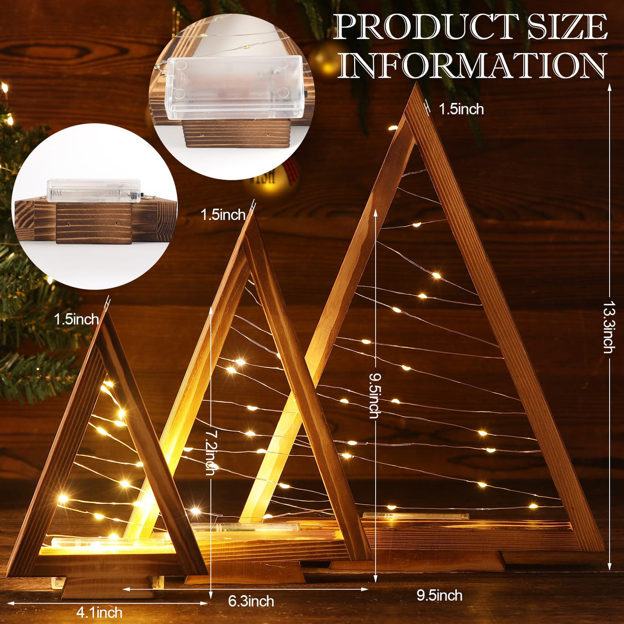 Tujoe 3 Pcs Wood Christmas Tree with Lights Modern Rustic Farmhouse Lighted Tabletop Christmas Tree for Home Table Fireplace Mantle Shelf Christmas Holiday Decor (Large 13.3",Medium 9.5",Small 7.2") Tujoe
