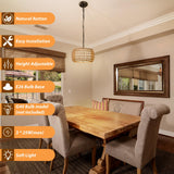SUNLUMI Farmhouse Rattan Chandelier with 2-Tier Wicker and Fabric Shade, 3-Lights Boho Drum Pendant Light Fixture with Adjustable Chain, Hand-Woven Basket Chandeliers for Dining Living Room Kitchen SUNLUMI