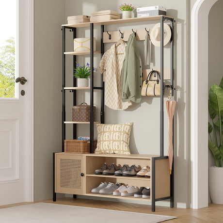 VECELO Hall Tree for Entryway, 5-in-1 Coat Rack with Bench Shoe Storage 2-Tier Storage Shelf, Coat Rack with 9 Hooks, Storage Shelves for Hallway Bedroom 47.2 x 13.78 x 70.87, Beige VECELO