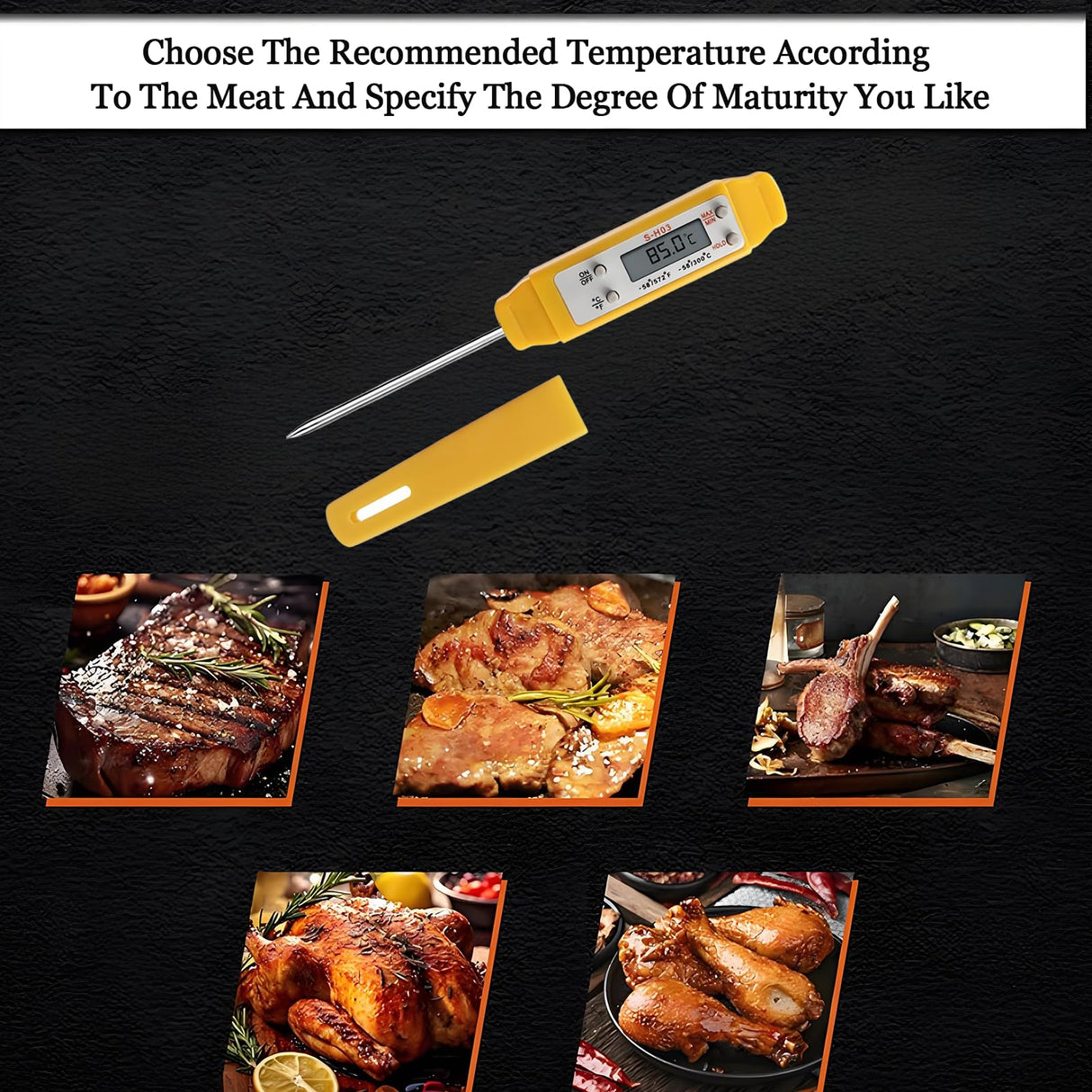 Ausenzup Meat Thermometer - Digital Food Thermometer for Cooking Kitchen - Automatic Calibration Pen Style Electronic Pocket Thermometer for Water Temperature, Barbecue (Yellow) Ausenzup