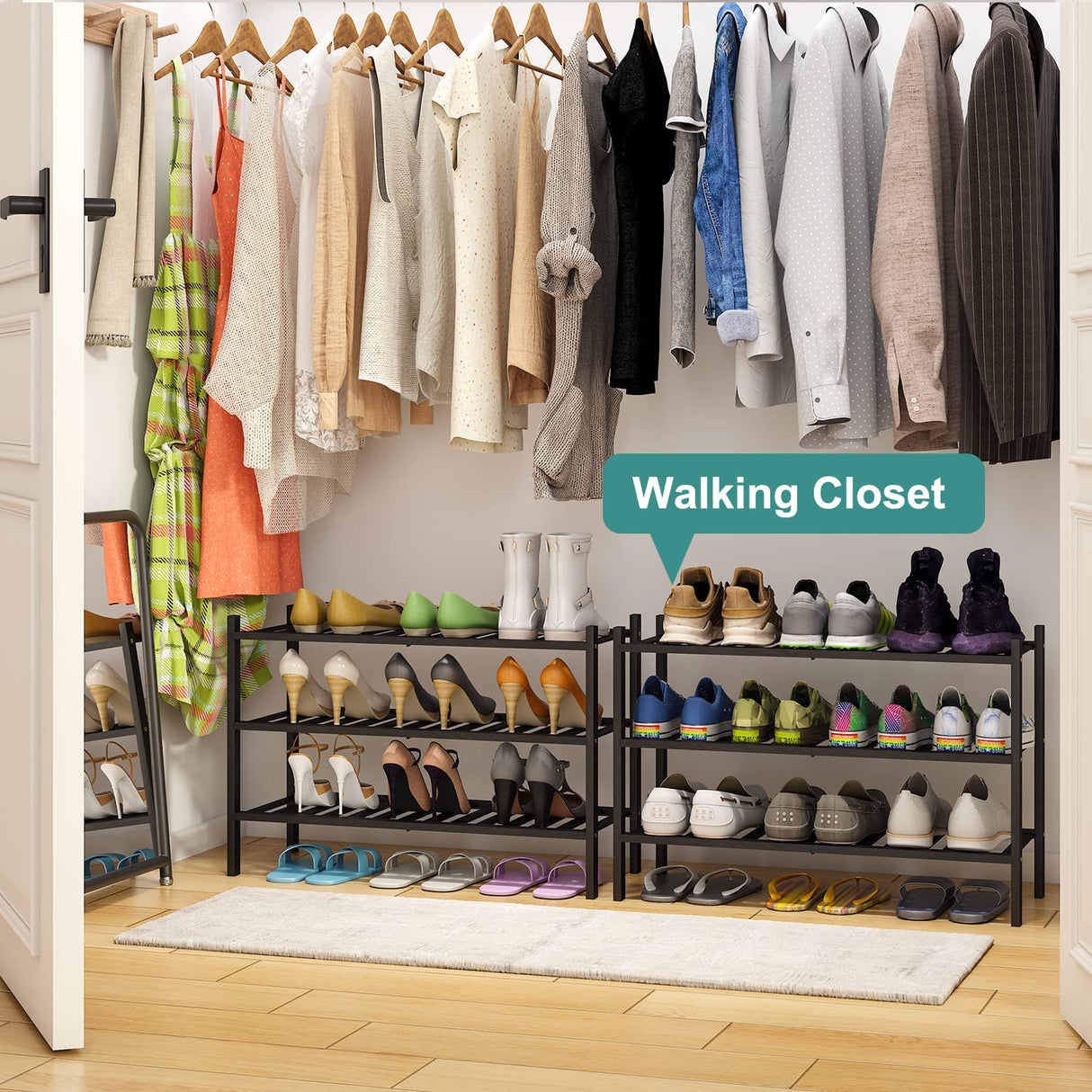 3-Tier Black Bamboo Shoe Rack for Entryway, Stackable | Foldable | Natural, Shoe Shelf Storage Organizer for Hallway Closet, Free Standing Shoe Racks for Indoor Outdoor viewcare