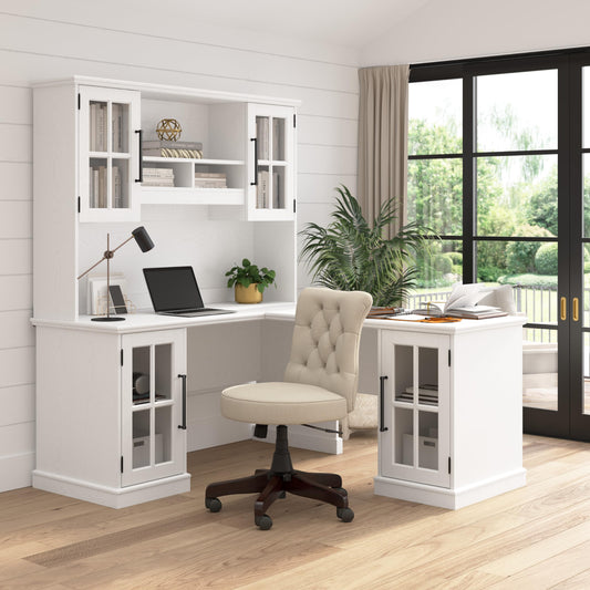 Bush Furniture Westbrook 60W L Shaped Desk with Hutch and Storage in White Ash | Farmhouse Table Workstation for Personal Home Office Workspace - WoodArtSupply