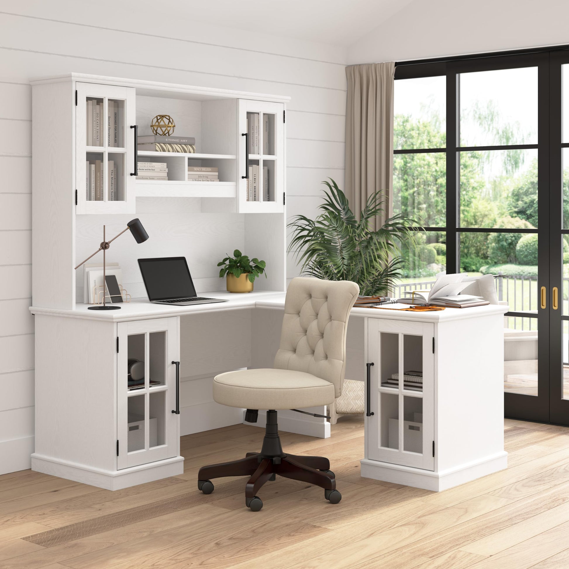 Bush Furniture Westbrook 60W L Shaped Desk with Storage in White Ash | Farmhouse Desk for Home Office Workspace - WoodArtSupply