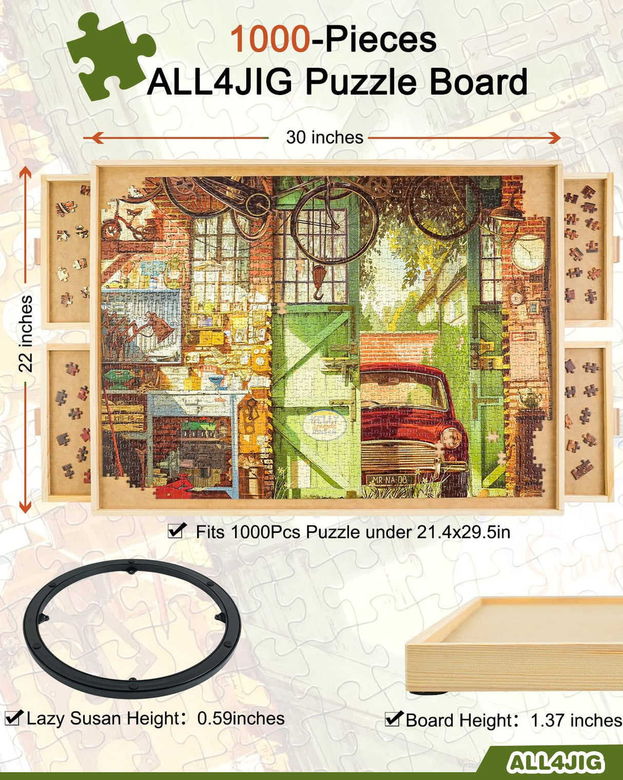 ALL4JIG 1000 Piece Rotating Puzzle Board with Drawers and Cover 22"x30"Portable Wooden Jigsaw Puzzle Table for Adults Portable,Lazy Susan Spinning Puzzle Boards ALL4JIG