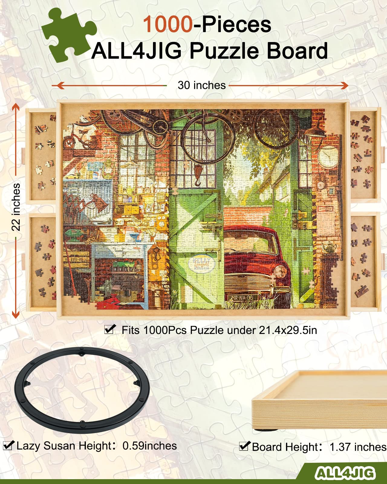 ALL4JIG 1000 Piece Rotating Puzzle Board with Drawers and Cover 22"x30"Portable Wooden Jigsaw Puzzle Table for Adults Portable,Lazy Susan Spinning Puzzle Boards - WoodArtSupply