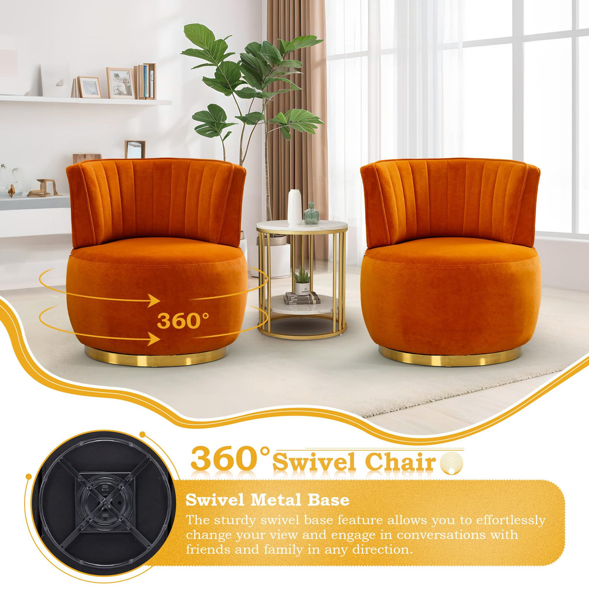 SLEERWAY 360° Swivel Barrel Chair Set of 2, Modern Velvet Round Accent Chair, Comfy Upholstered Small Armchair with Gold Metal Base for Living Room Bedroom Nursery Office Sillas para Sala, Orange SLEERWAY