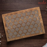 Scallop Wooden Box (Extra Large) - Light Burnt Over Grey Decorative Box w/ Felt Pads Underneath & Wooden Carving - Unique Handmade Mangowood Keepsake Storage Box for Jewelry - 10.5 x 7.5 x 4" Mela Artisans