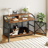 HOOBRO 43.3" Large Dog Crate Furniture with LED Lights, Heavy Duty Dog Kennel Indoor with Storage Shelves, Wooden Crate End Table for Large Medium Dogs, Rustic Brown and Black BF89DGW03 HOOBRO