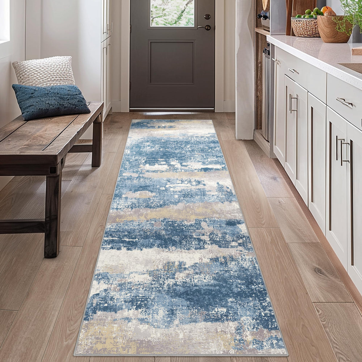 BEIMO Runner Rug for Hallway Kitchen 2x6 Machine Washable Runners Rug for Entryway, Blue Cream Soft Modern Abstract Throw Rugs, Floor Carpet with Non Slip Rubber Backing BEIMO