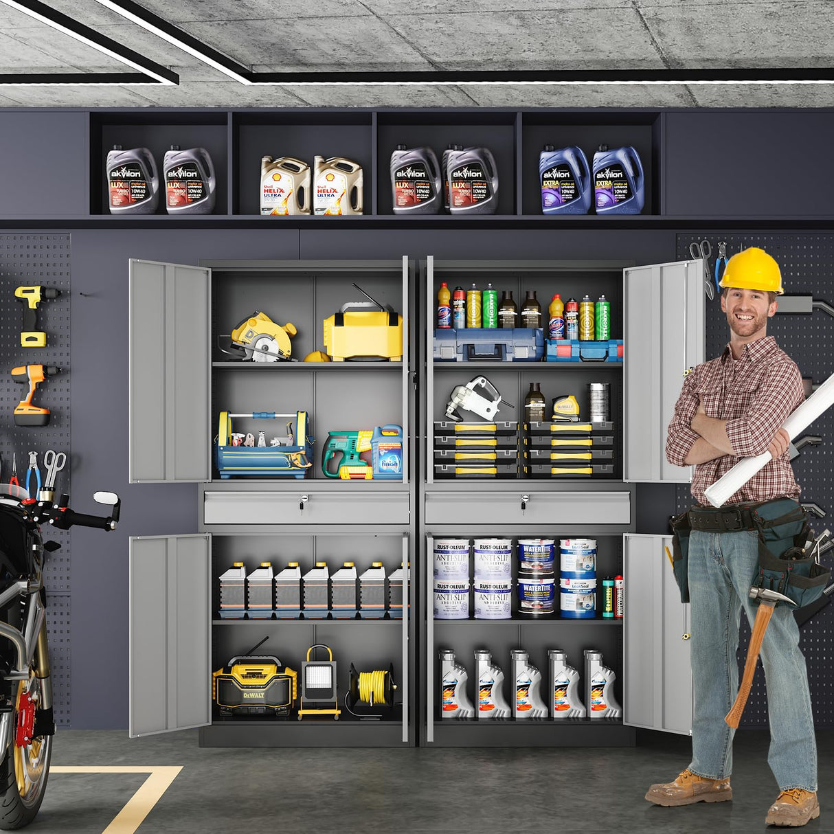 Yizosh Metal Garage Storage Cabinet with Locking Doors and Adjustable Shelves, Tool Storage Cabinet with 1 Drawer - 71" Steel Locking Cabinet for Garage, Warehouse (Gray Black) Yizosh