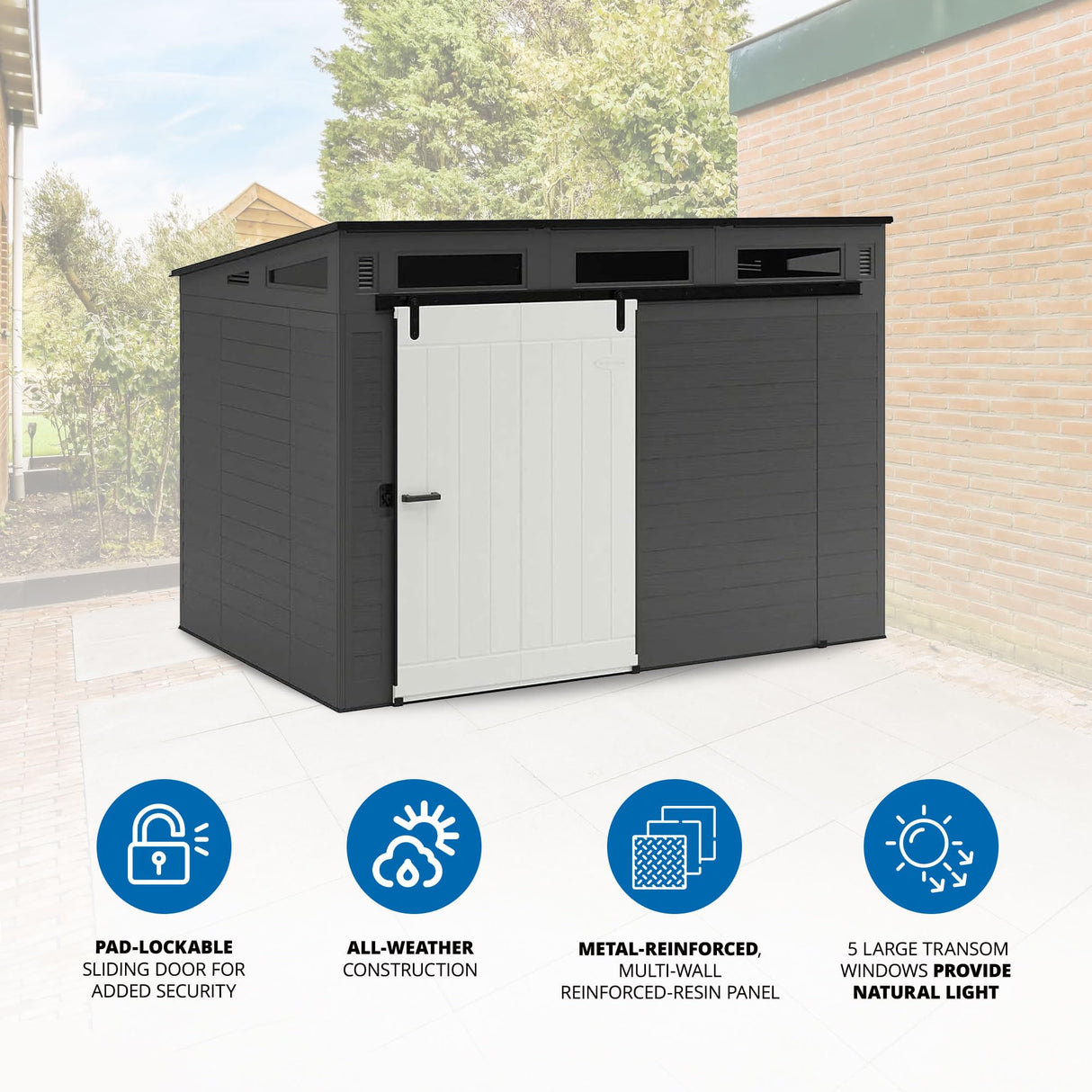 Suncast Modernist 10 Foot by 7 Foot Outdoor Plastic Storage Shed with Pad Lockable Sliding Barn Door for Outdoor Storage Items, Gray and Black Suncast