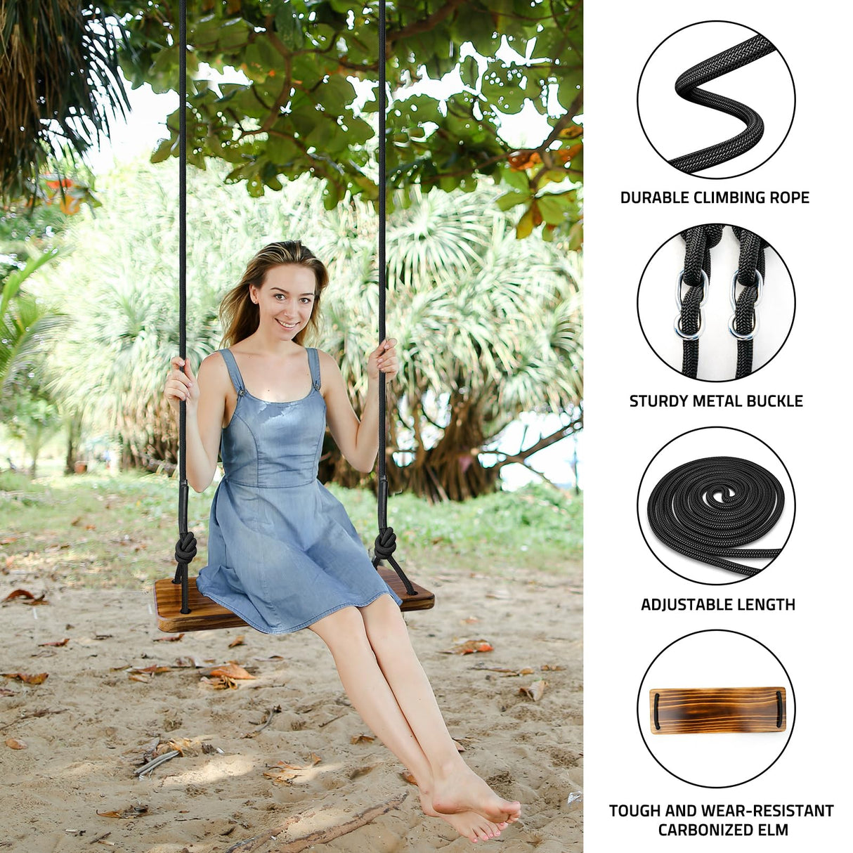 Premkid Carbonized Hanging Wooden Swing, Swing Seat 24"x 8"x 1.2", Tree Swing for Adults Kids with 500lbs Load, Adjustable Climbing Rope Plus Tree Straps 116 inch, Outdoor Indoor Room Wood Swing Set Premkid