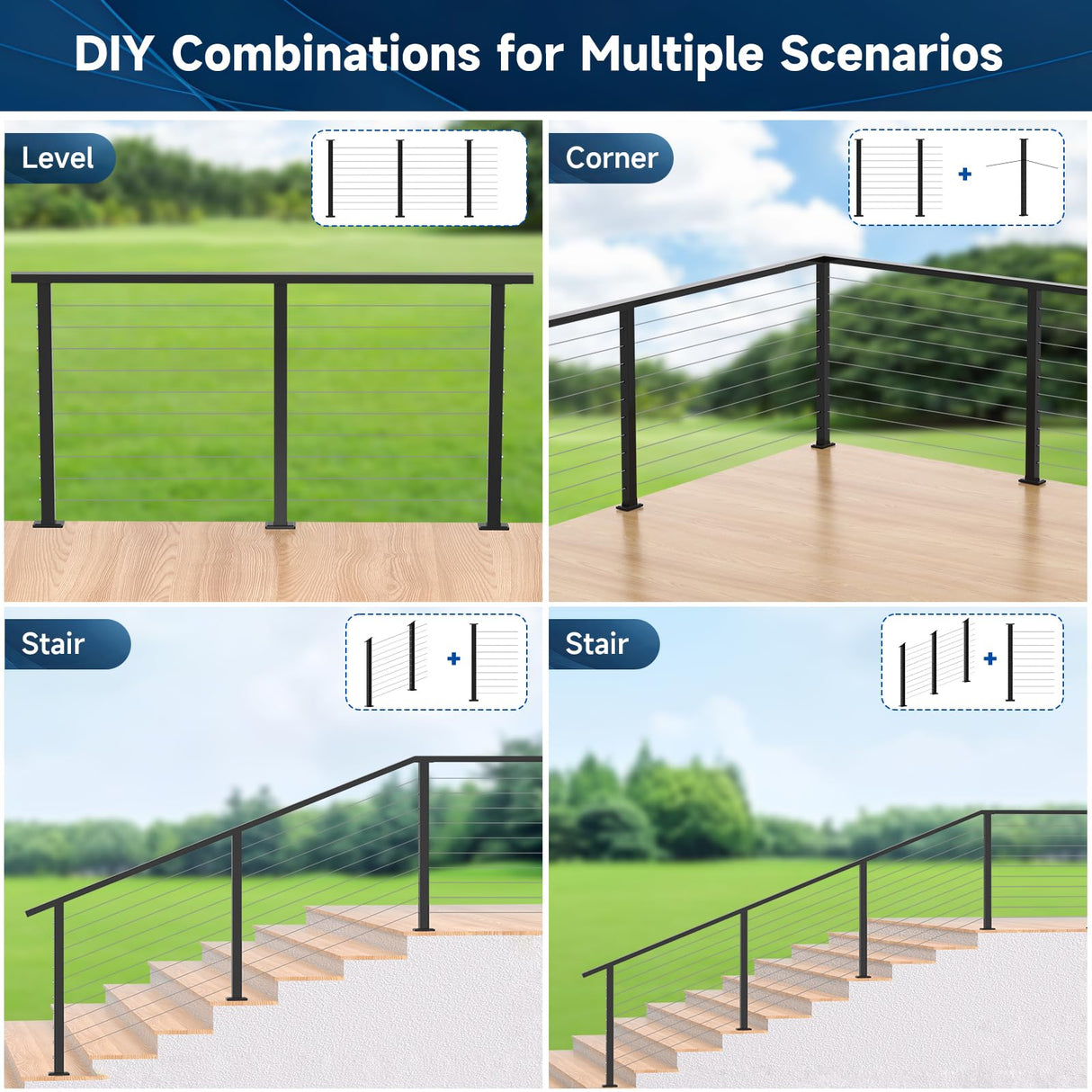 Gyykzz 2 Pack One-Stop Stair Cable Railing Post Kit, 36" Slant Fixed Top Stair Post with 5-Degree Spacers, Stair Railing System Including 2 Stair Post, 125ft Cable, 10 Sets Terminal, 60 Cable Grommets Gyykzz