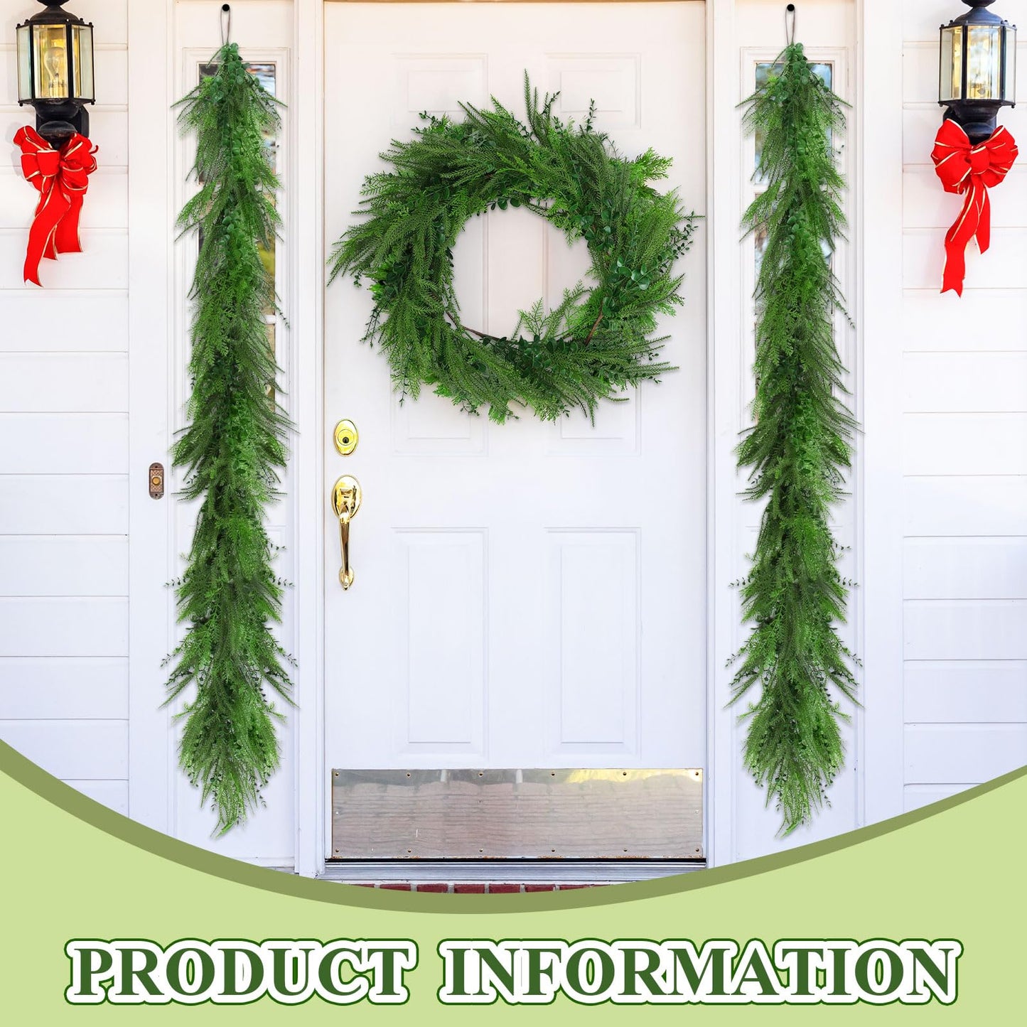 Jutom 3 Pcs Christmas Norfolk Pine Garland with Cow Bell Wood Bead Garland 6 ft Artificial Cypress Cedar Pine Needles Greenery Seasonal Garland Faux Greenery Garland for Winter Holiday Decor