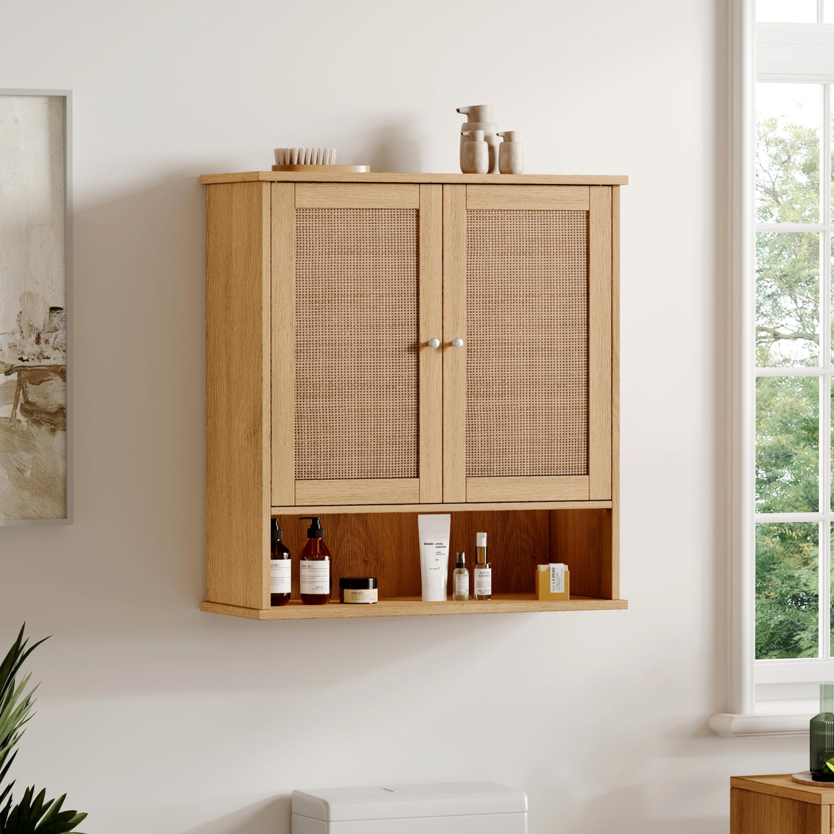 Reettic Rattan Two Door Wall Cabinet, Wooden Medicine Cabinet, Wall Mounted Bathroom Storage Cabinet with Inner Adjustable Shelf, for Bathroom, Kitchen, Entryway, Natural BMGZ103M Reettic
