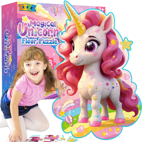 ZIZZ Unicorn Giant Floor Puzzle: 48 Pieces Unicorn Floor Puzzles for Kids Ages 4-6 Toddler Puzzles for Kids Ages 3-5, 4-8 Years Old Unicorn Toy Gift for Girls Gift Idea for Girls Birthday Christmas ZIZZ