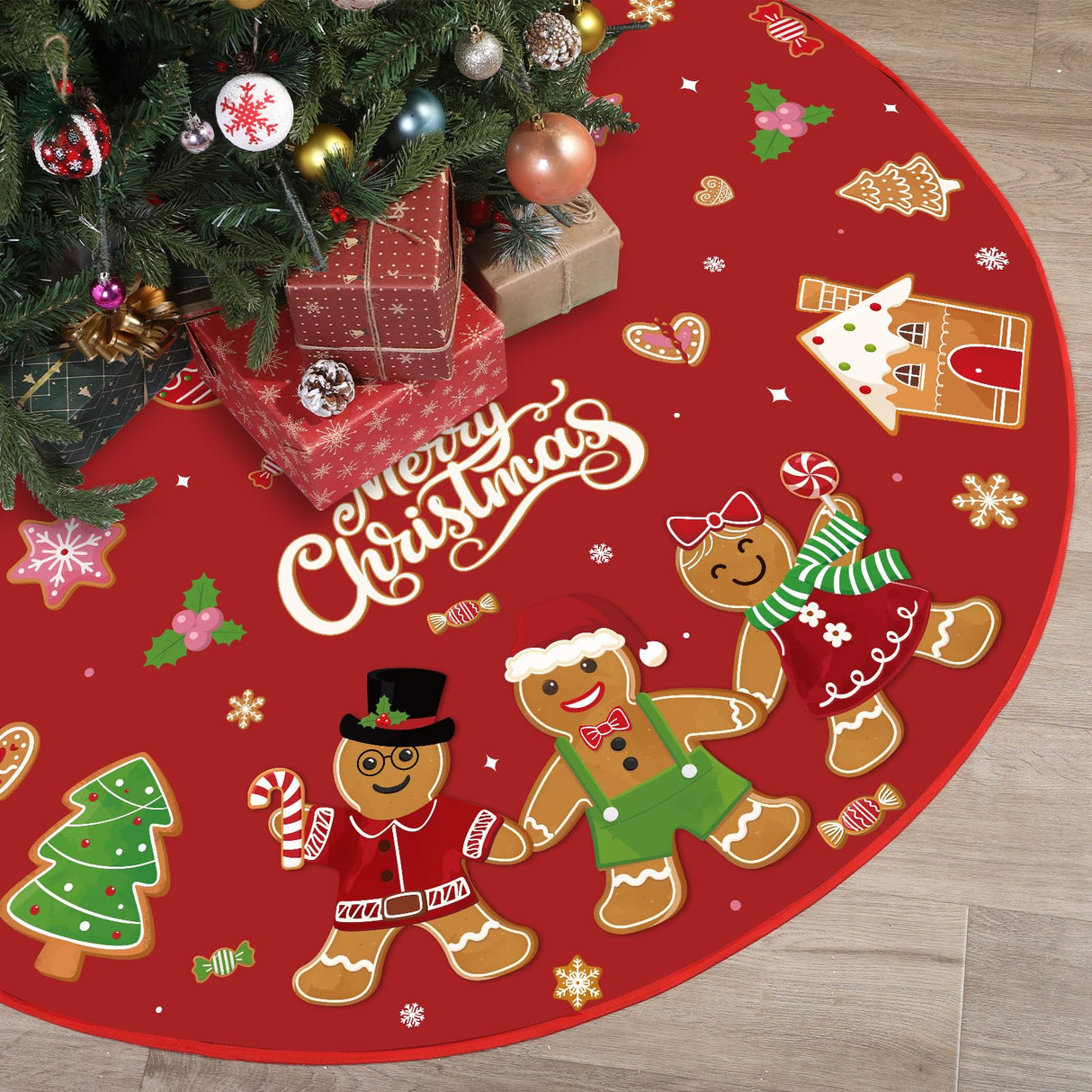 Marspark Merry Christmas Tree Skirt 48 Inch Gingerbread Man Christmas Tree Mat with Cute Candy Cane Snowflakes Xmas Ornaments for Winter Holiday Xmas New Year Party Decor Supplies(Red) Marspark