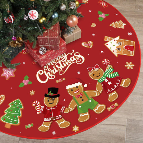 Marspark Merry Christmas Tree Skirt 48 Inch Gingerbread Man Christmas Tree Mat with Cute Candy Cane Snowflakes Xmas Ornaments for Winter Holiday Xmas New Year Party Decor Supplies(Red) Marspark