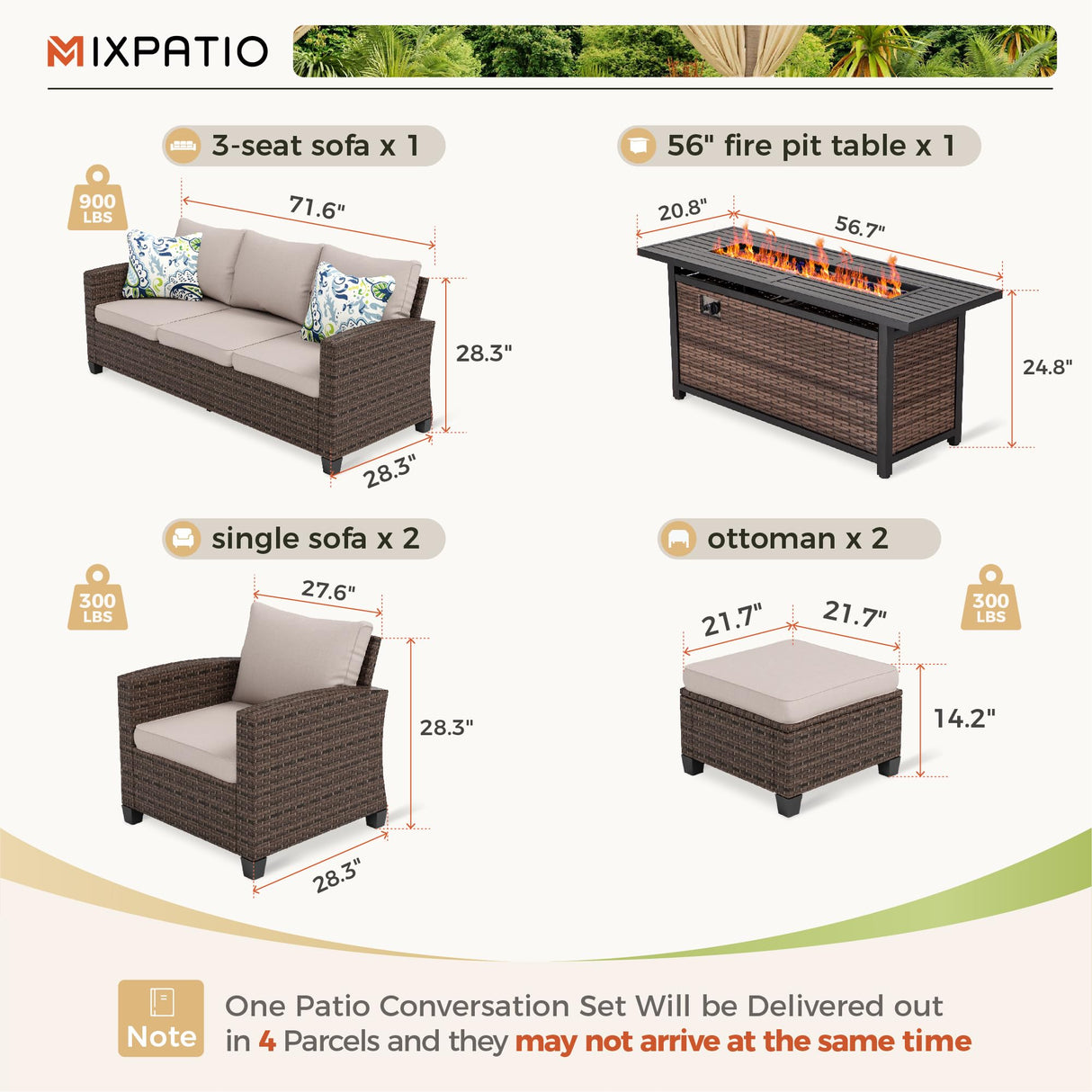 MIXPATIO Patio Furniture Set, 6 Pcs Wicker Outdoor Conversation Set, 2 x Single Chairs, 1 x 3 Seater Sofa and 2 x Ottoman with 4" Thick Cushion and 56" Fire Pit Table, Beige MIXPATIO