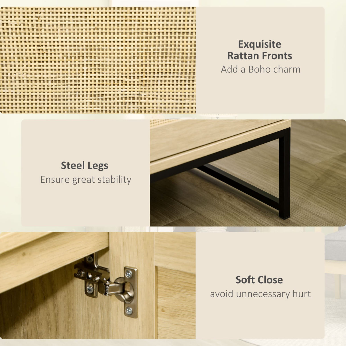 HOMCOM Accent Cabinet, Sideboard Buffet Cabinet with Rattan Doors, Adjustable Shelf and Metal Base, Boho Storage Cabinet for Living Room, Kitchen, Natural HOMCOM