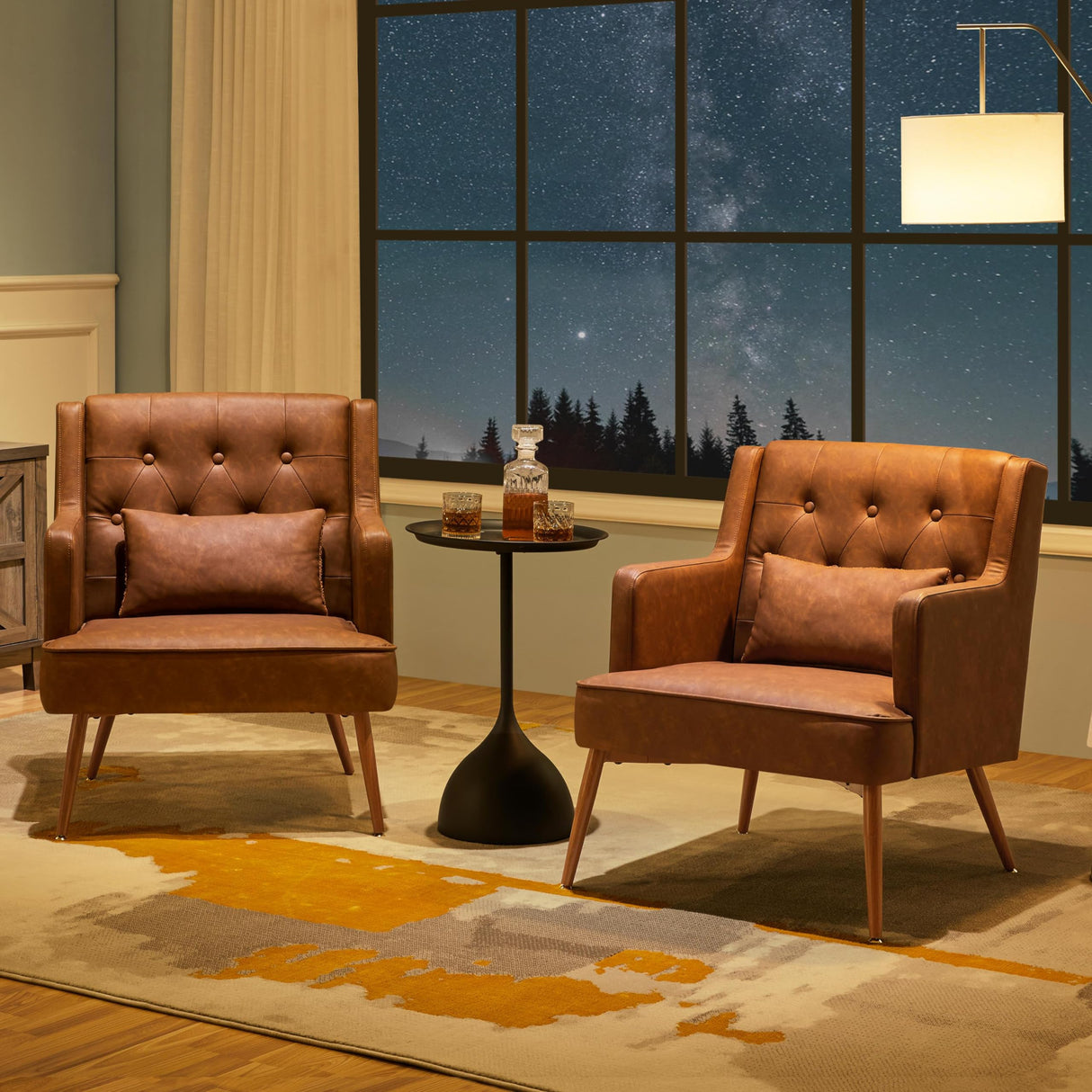 Yaheetech Accent Chair, Living Room Chair Mid Century PU Leather Armchair Lumbar Pillow, Comfy Upholstered Reading Chair Wood Leg Bedroom Brown 2PCS Yaheetech