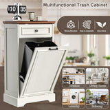 Spurgehom 13 Gallons Tilt Out Trash Cabinet Free Standing Kitchen Trash Garbage Bin Recycling Trash Cabinets with Hideaway Drawer Pet Proof Trash Can Holder for Kitchen, Antique White and Brown Spurgehom