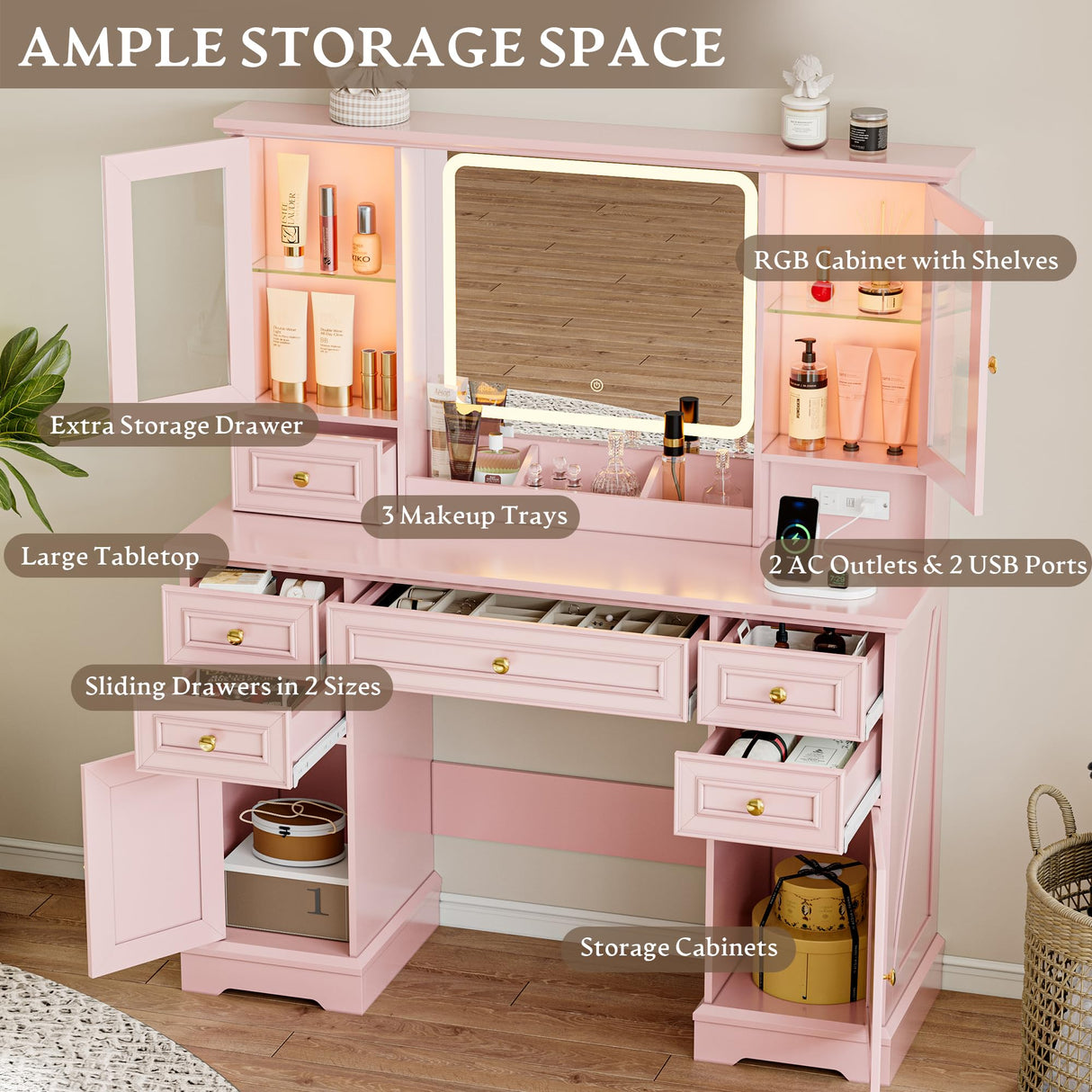 Vanity Desk with HD Lighted Mirror & Power Outlet, Farmhouse Makeup Vanity Table Set with Storage Drawers & RGB Cabinets, Large Dressing Table with 3 Lighting Modes for Women Girls Kids Bedroom, Pink Xixini