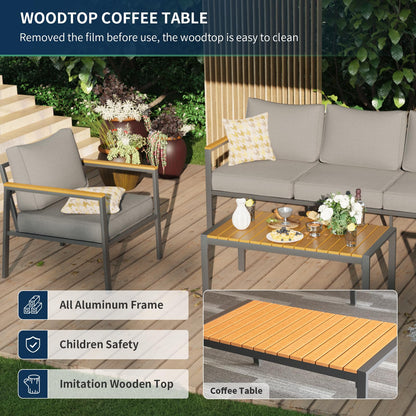 Amopatio Aluminum Patio Furniture Set, Modern Metal Outdoor Patio Furniture, 6 Pcs Patio Conversation Sets with Wood Top Armrest & Table for Poolside, Deck, Dark Grey (Included Waterproof Covers)