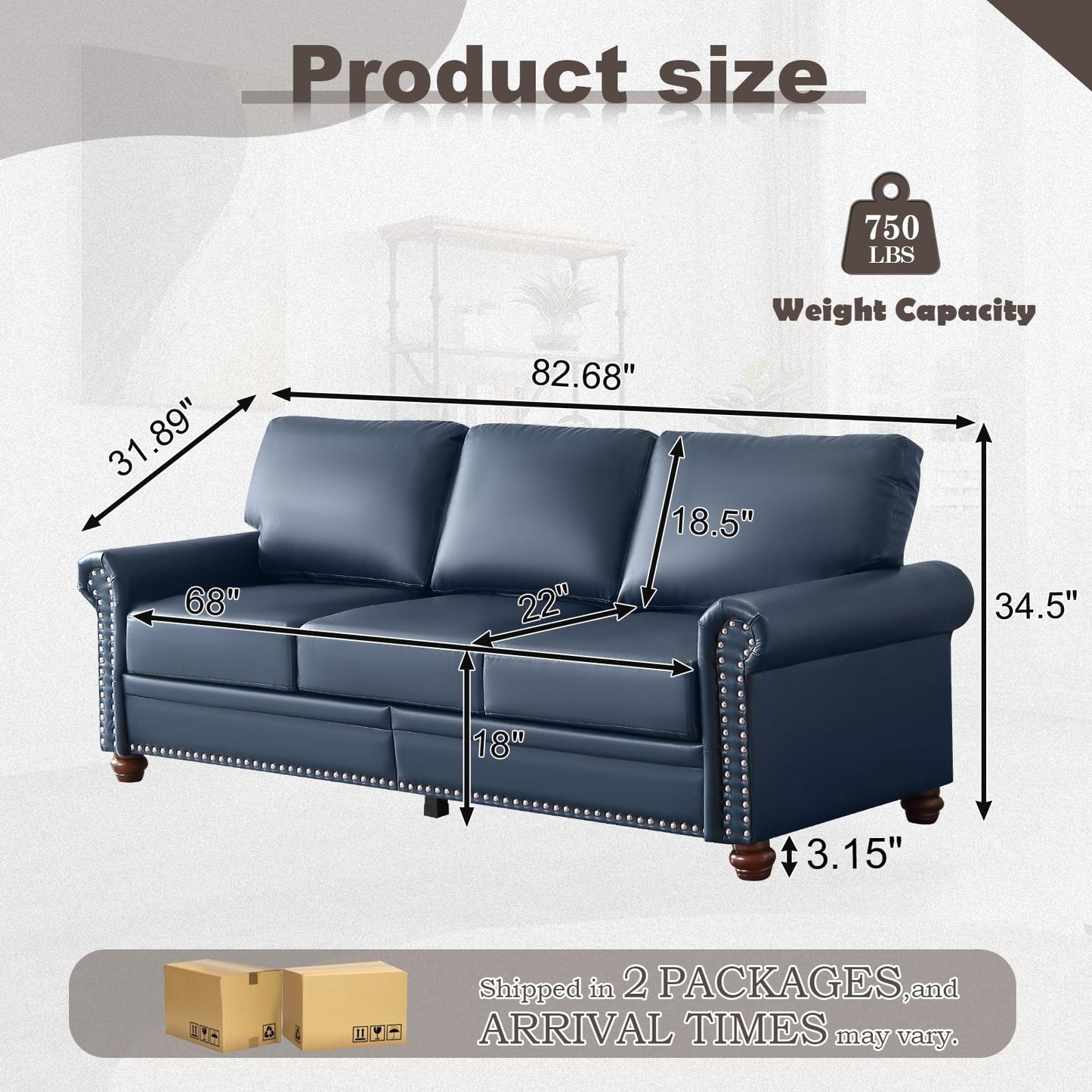 JEEOHEY Faux Leather Sofa Couch,82" Mid Century Modern Couch with Storage Place,Oversized 3 Seater Sofa with Nailhead Trim&Rolled Arm,Deep Seat Comfy Couch for Living Room,Apartment,Office(Navy Blue)