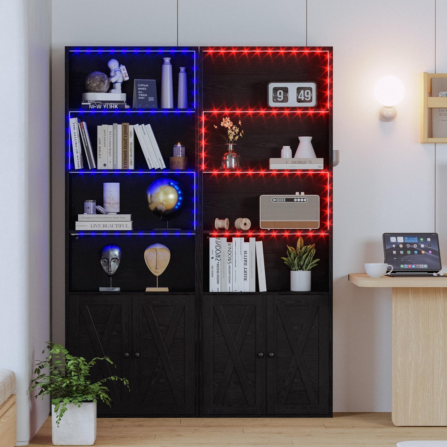 IRONCK 70-Inch Tall Industrial Bookcase with LED Lights for Home Office and Living Spaces - WoodArtSupply