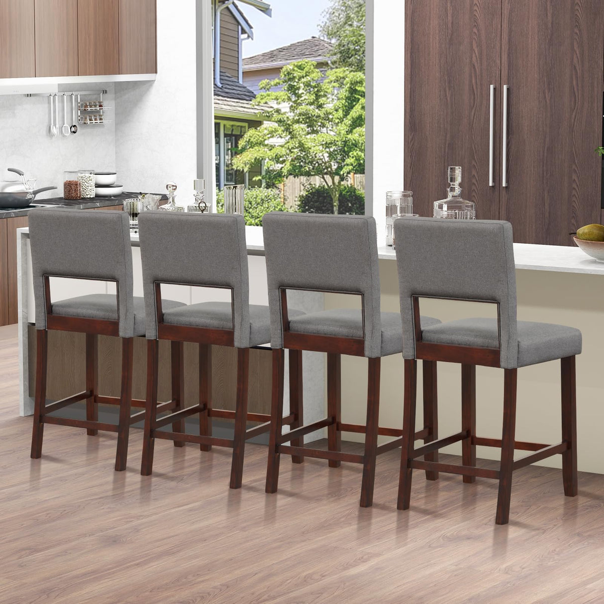 Giantex 24.5" Counter Height Bar Stools Set of 4, Linen Barstools with Back, Rubber Wood Legs, Max Load 400 Lbs, Modern Upholstered Bar Dining Chairs for Kitchen Island Pub, Grey Giantex