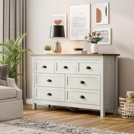 Wananlanen Farmhouse 7 Drawer Dresser for Bedroom, Antique Double Dresser & Chest of Drawer with Vintage Handle and Storage, Wood Rustic Dresser Organizer for Living Room, Hallway(Antique White) Wananlanen
