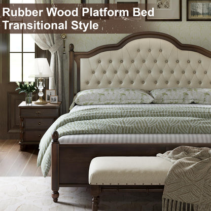 AMERLIFE Transitional Queen Size Solid Wood Bed Frame with Upholstered Tufted Headboard and Roman Column Accents - WoodArtSupply