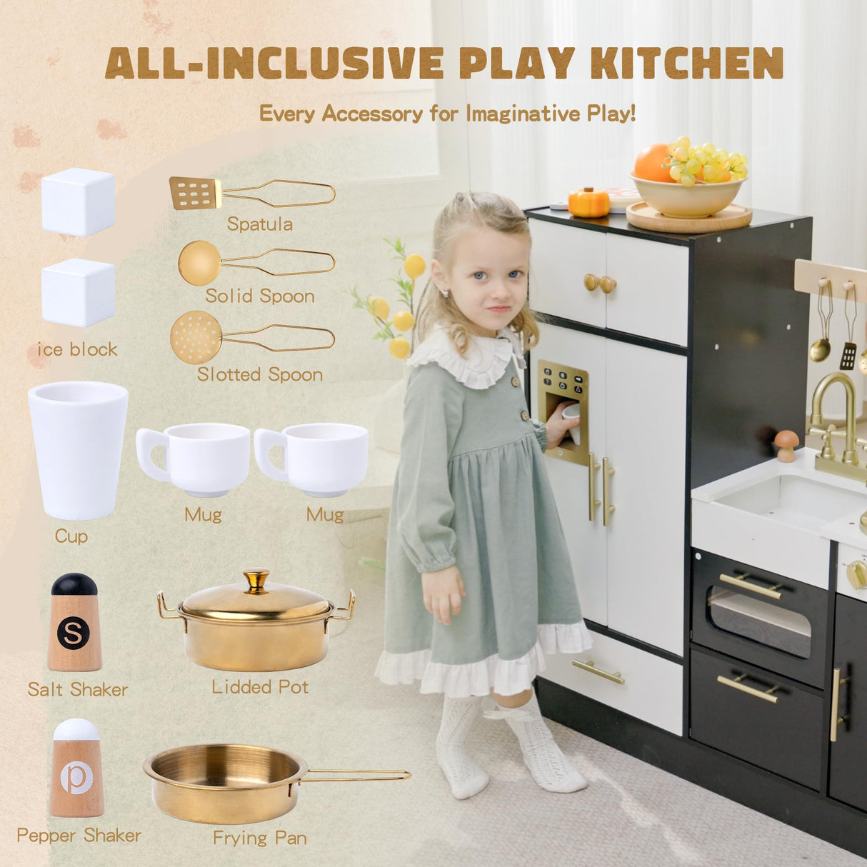 Wooden Play Kitchen Set for Kids – Interactive Pretend Toddler Kitchen Playset with 12 Kitchen Toy Accessories, Perfect for Ages 3+ Leeshyah