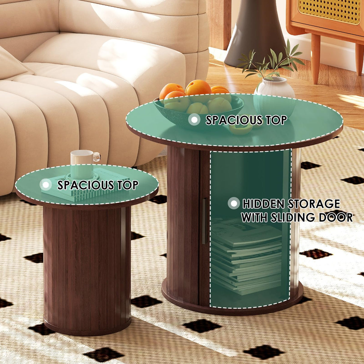 COSVALVE Nesting Coffee Table Set of 2 with Hidden Storage & Sliding Door, 23.6“ Circle Wood Coffee Table, Farmhouse Side & End Table Sets for Living Room, Small Spaces, Walnut COSVALVE
