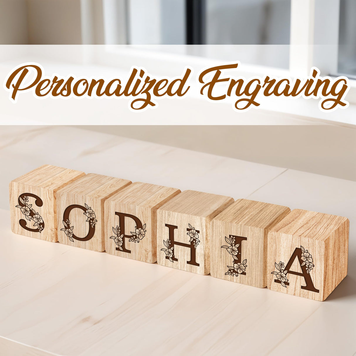 Custom Wooden Name Blocks, Engraved Nursery Flowers Name Sign, Custom Nursery Décor, Custom Name Wood Blocks, Wooden Name Signs for Nursery, Montessori Décor Engraved on Solid Wood, Name Wood Blocks Custom Empire Shop