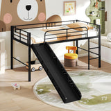 Giantex Low Loft Bed with Slide, Metal Twin Loft Bed Frame with Climbing Ladder, Guardrail & Storage Space for Kids Toddler, Black Giantex