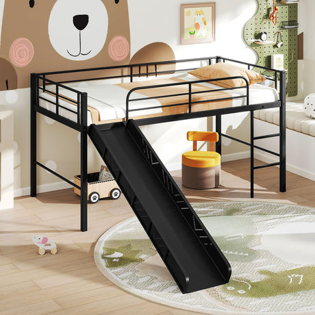 Giantex Low Loft Bed with Slide, Metal Twin Loft Bed Frame with Climbing Ladder, Guardrail & Storage Space for Kids Toddler, Black Giantex