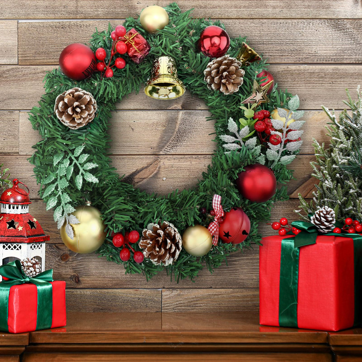 Hotop 4 Pcs Artificial Christmas Wreath for Front Door Christmas Green Farmhouse Wreath DIY Faux Plain Wreaths for Decorating Window Room Christmas Party Decor (24 Inches) Hotop