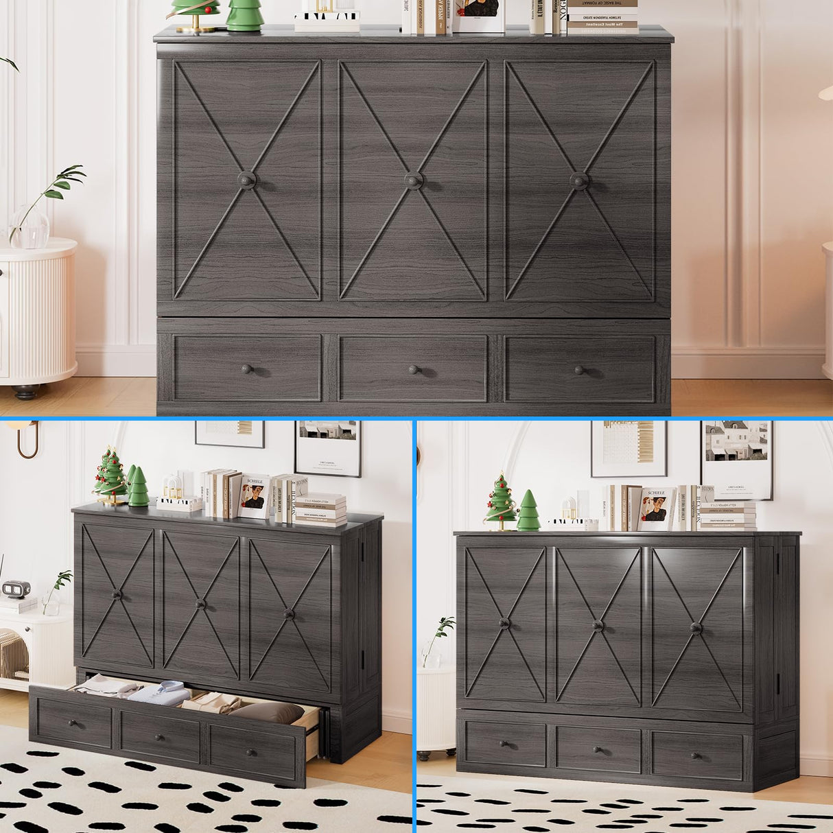 PUREMIND Queen Murphy Bed with 2 Storage Drawers, Hidden Murphy Cabinet Bed with Mattress, Murphy Chest Beds with Built-in USB Charging Station and Headboard for Bedroom, Guest Room PUREMIND