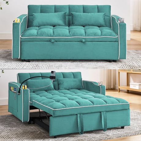 Foldable Sofa Bed with USB Charging Ports, Pull Out Velvet Loveseat Sleeper with Phone Holder, Modern Futon Couch with Cup Holders & Adjustable Backrest for Living Room,Green Merax