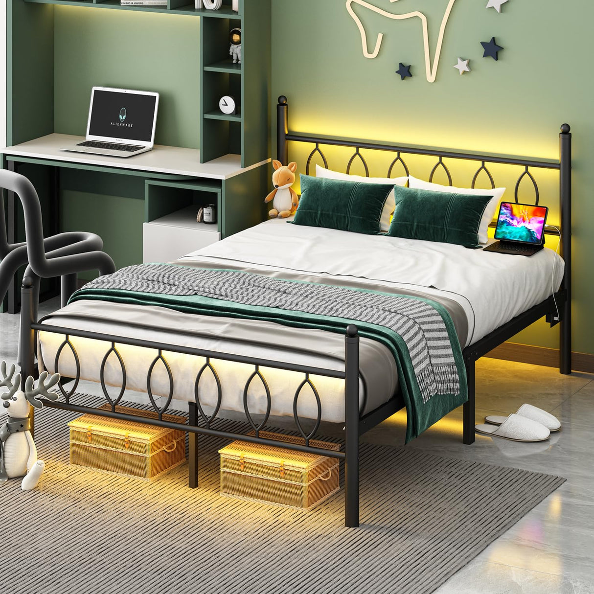 Samurbex Full Size Bed Frame with Headboard,Black Metal Platform Bed Frame Full Size with Charging Station & LED Lights,12-Inch Under Bed Storage,No Box Spring Needed,Noise Free,Easy to Assemble Samurbex