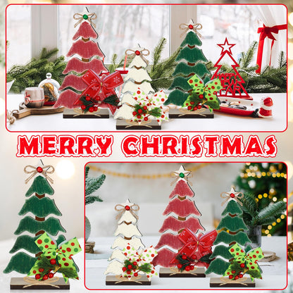 CroBlissful 3 Pcs Wooden Christmas Tree Tabletop Decorations Christmas Centerpieces for Table Rustic Xmas Tiered Tray Decor Christmas Table Sign Freestanding with Hemp Rope Bow Bell for Holiday Party