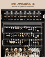 Hzuaneri 8 LEDs Jewelry Cabinet Armoire, 64.8-inch Jewelry Organizer with Garment Rack, Lockable Full-length Mirror with 4 Wheels, Storage Shelves with Hooks, 5-in-1, Black JC17004B Hzuaneri