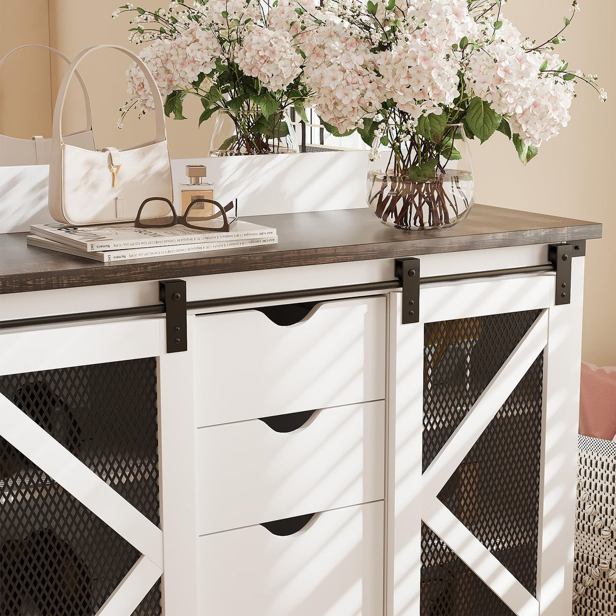 FinerFurnis 77 Inch Farmhouse Hall Tree Bench with 2 Mirrors, Shoe Storage, Coat Rack, Sliding Barn Doors, Wooden Entryway Organizer Furniture for Apartments, Mudroom, Deep Oak FinerFurnis