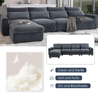 Eafurn Feather Filled Oversized Convertible Modular Sectional Sofa with Movable Ottoman, L Shaped Deep Seat Reversible Sleeper Corner Couch with Waist Pillows for Living Room Furniture Sets