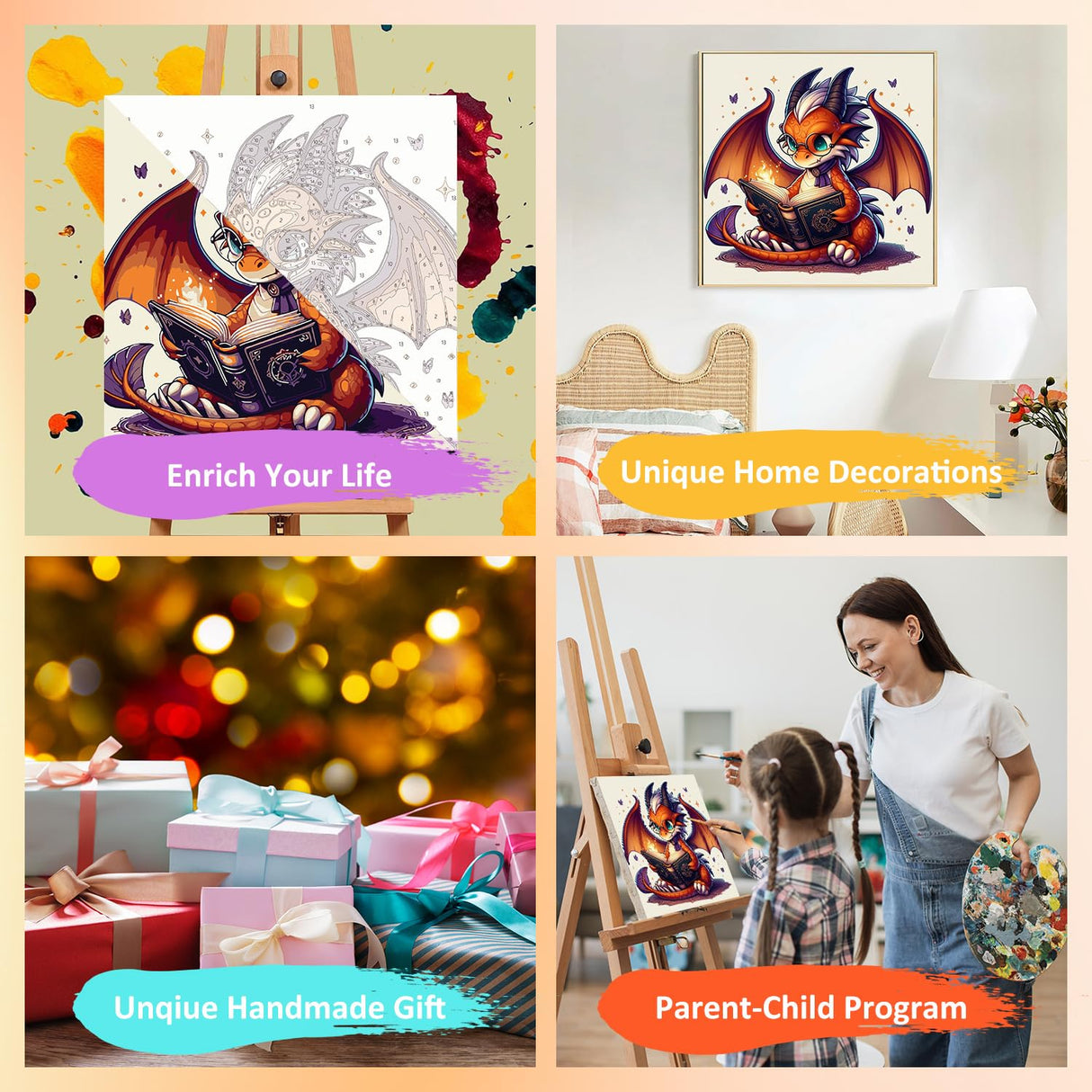 Mandun Paint by Numbers Kit for Kids with Frame, Dragon Paint by Numbers for Kids Ages 4-8-12, DIY Dragon Acrylic Oil Painting for Home Wall Art Decor Gift 7.8x7.8 inch (with Frame Easel) Mandun