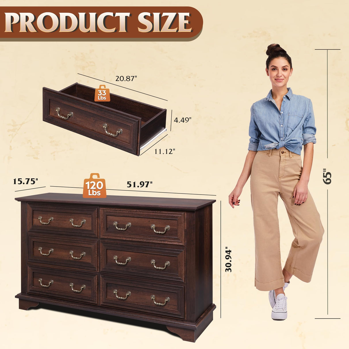 WLIVE Wood Dresser for Bedroom with 6 Drawer, 51.97'' Wide, Farmhouse Long Storage Dresser Organizer with Roman Metal Handle, TV Stand for 60 inch TV, Chest of Drawers for Living Room, Hallway, Brown WLIVE