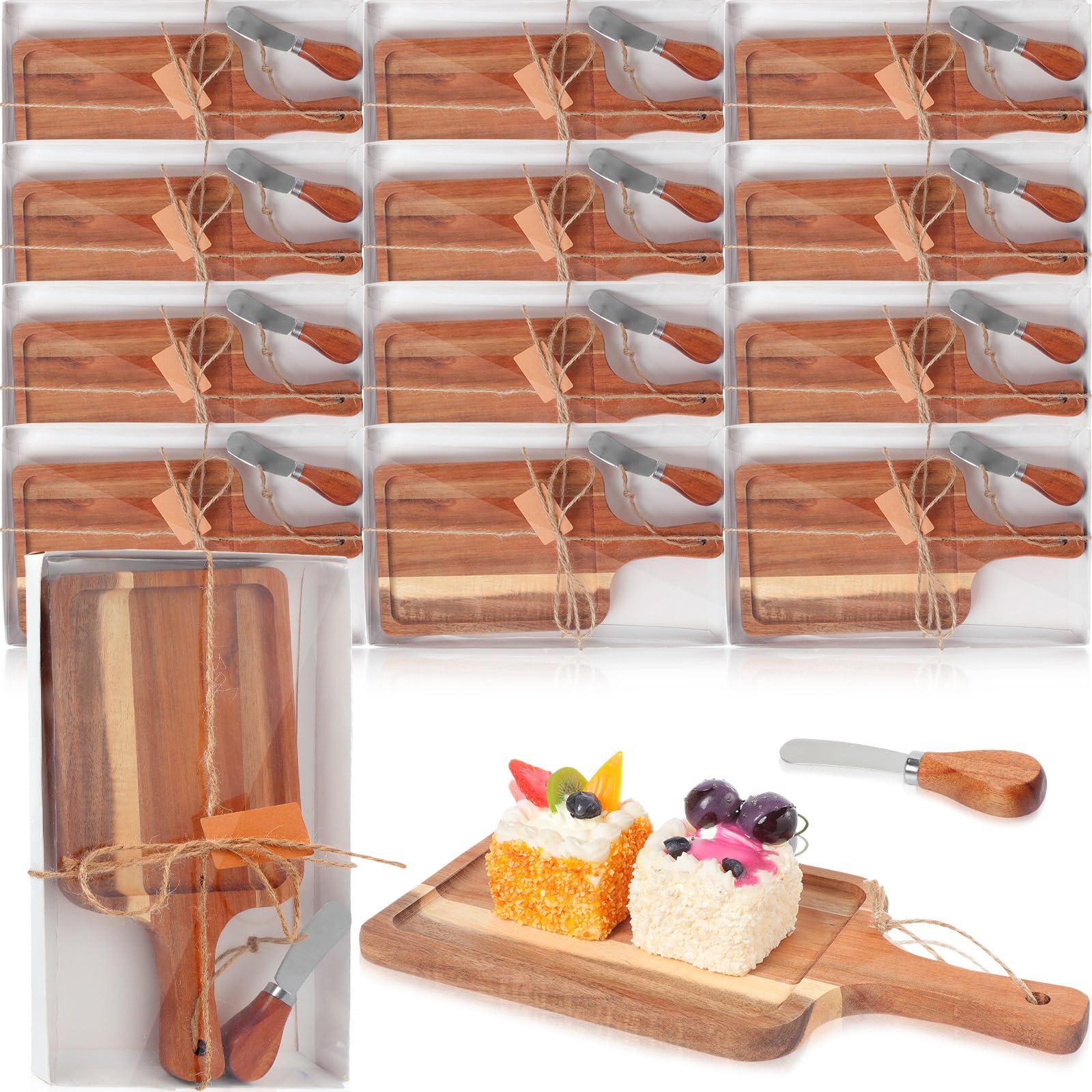 Geetery 12 Set Acacia Wood Charcuterie Board with Knife Wooden Serving Tray with Groove Acacia Wood Cutting Board with Gift Box and Card for Wedding Baby Shower Housewarming Gift - WoodArtSupply