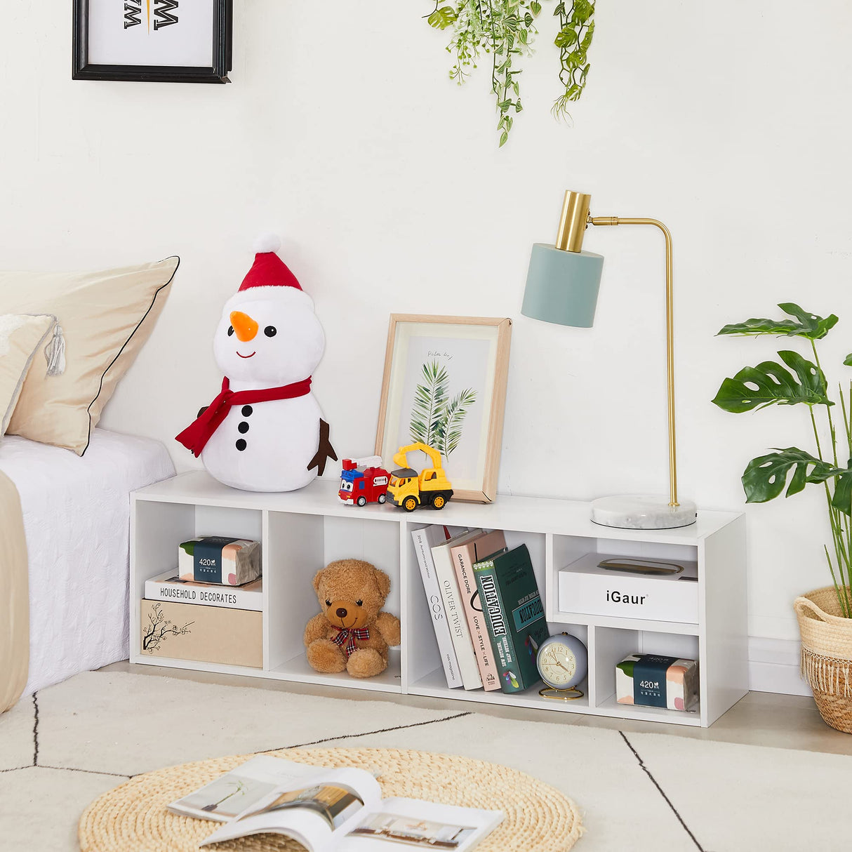 VECELO 4-Tier Bookcase, Modern Storage Cabinet with Height Difference Shelves for Standard Textbooks, 5 Cubes, Vertical or Horizontal, Easy Assembly, Pearl White VECELO